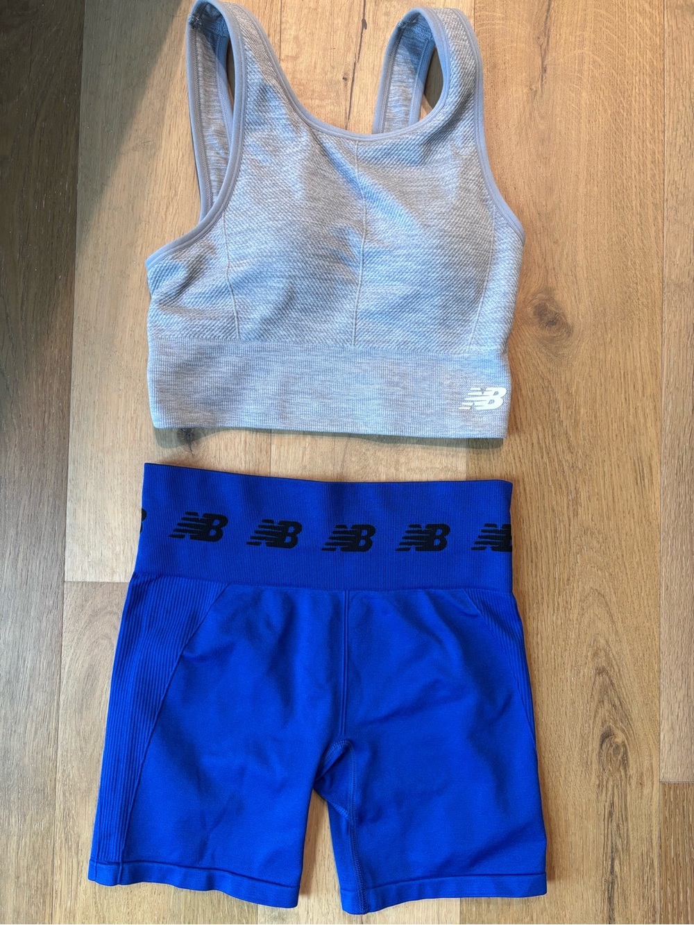 New Balance Gray Sports Bra and Royal Blue Bike Shorts